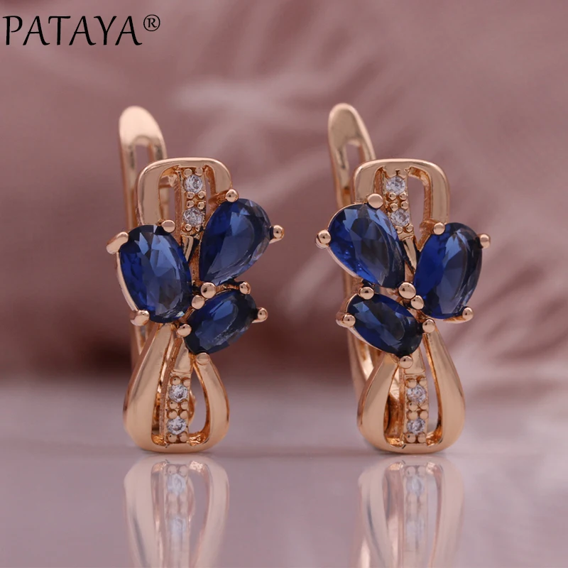 PATAYA New Blue Natural Zircon Earrings for Women 585 Rose Gold Color Leaf Earrings Trendy 2024 Romantic Vintage Wedding Jewelry