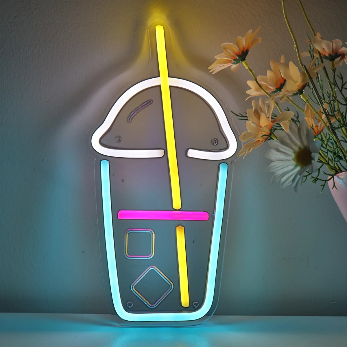 Bebida Copo Plástico Forma com Curva Cubos de Gelo LED Wall Neon Signfor Leite, Chá, Coffee Shop, Decoração da Parede, 5,91 \