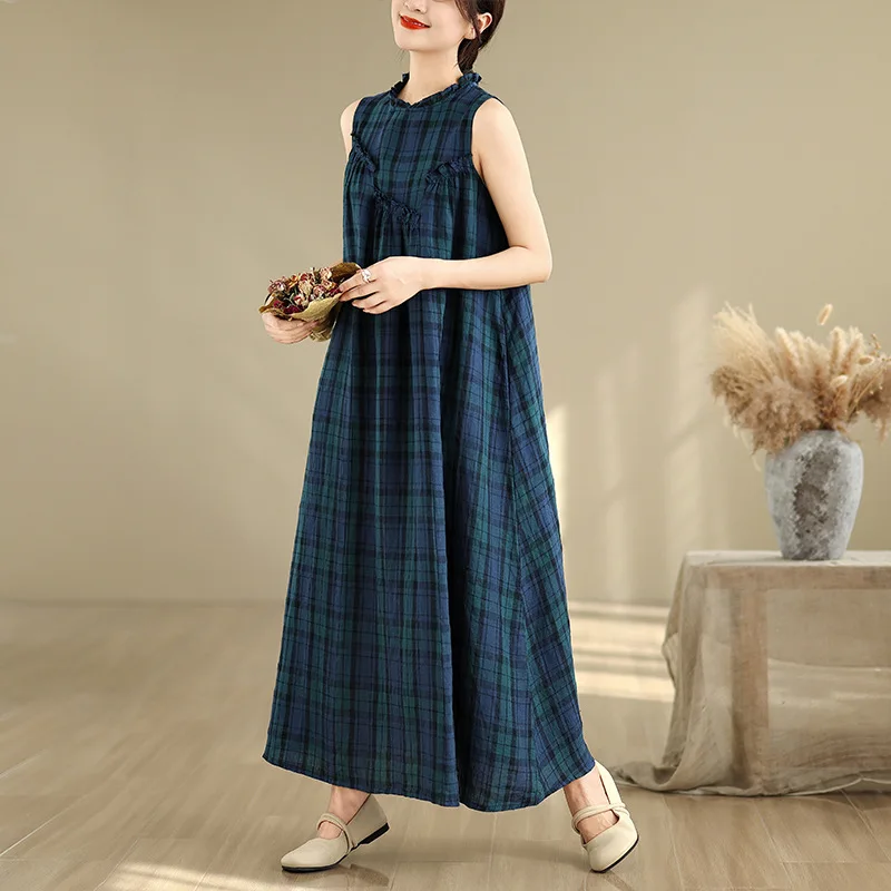 Cotton Linen  Grid Vest Dress Women Sleeveless Jumpsuit Playsuit Spring Summer