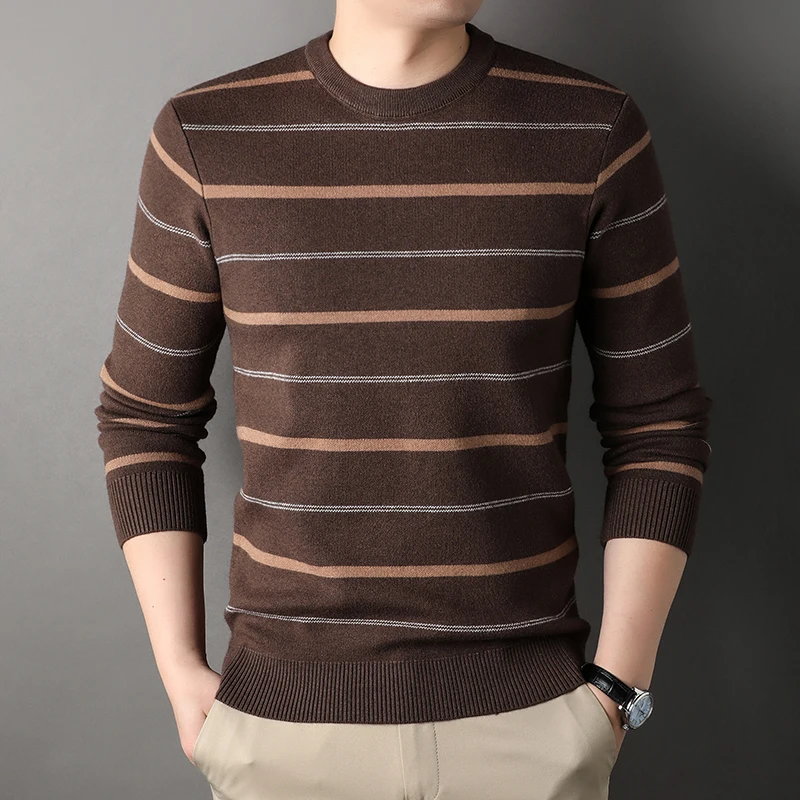 

Thiened Wool Blend Men's round Ne Sweater Casual Stripe Dad Clothes Base Layer irt Busin Casual Sle Long Sve