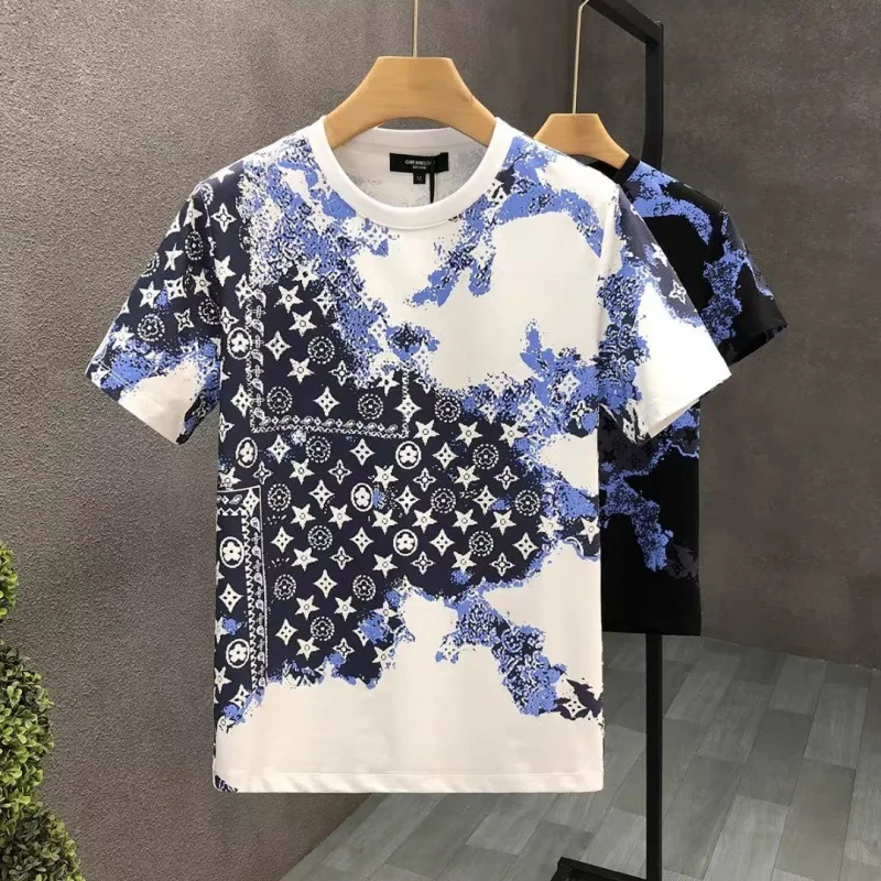 2024 New Summer Men Round Neck Printing Short Sleeved T-shirt Slim Street Casual Korean Fashion Comfortable Gradient Color Tops