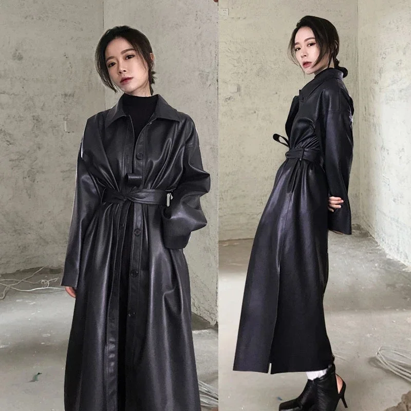 

Spring Long Women Pu Leather Jackets Turn Down Collar Female Faux Leather Windbreaker Trench Coats Single Breasted Belt Jackets