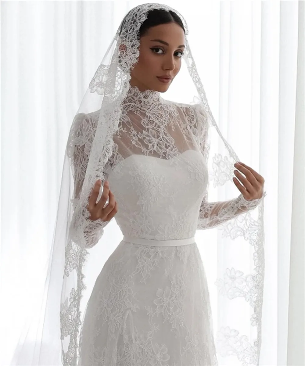 

Elegant Lace Appliques Wedding Dresses A-Line High Neck Belt Girdling Hazy Feeling Bridal Gown Floor-Length 2025 Customized