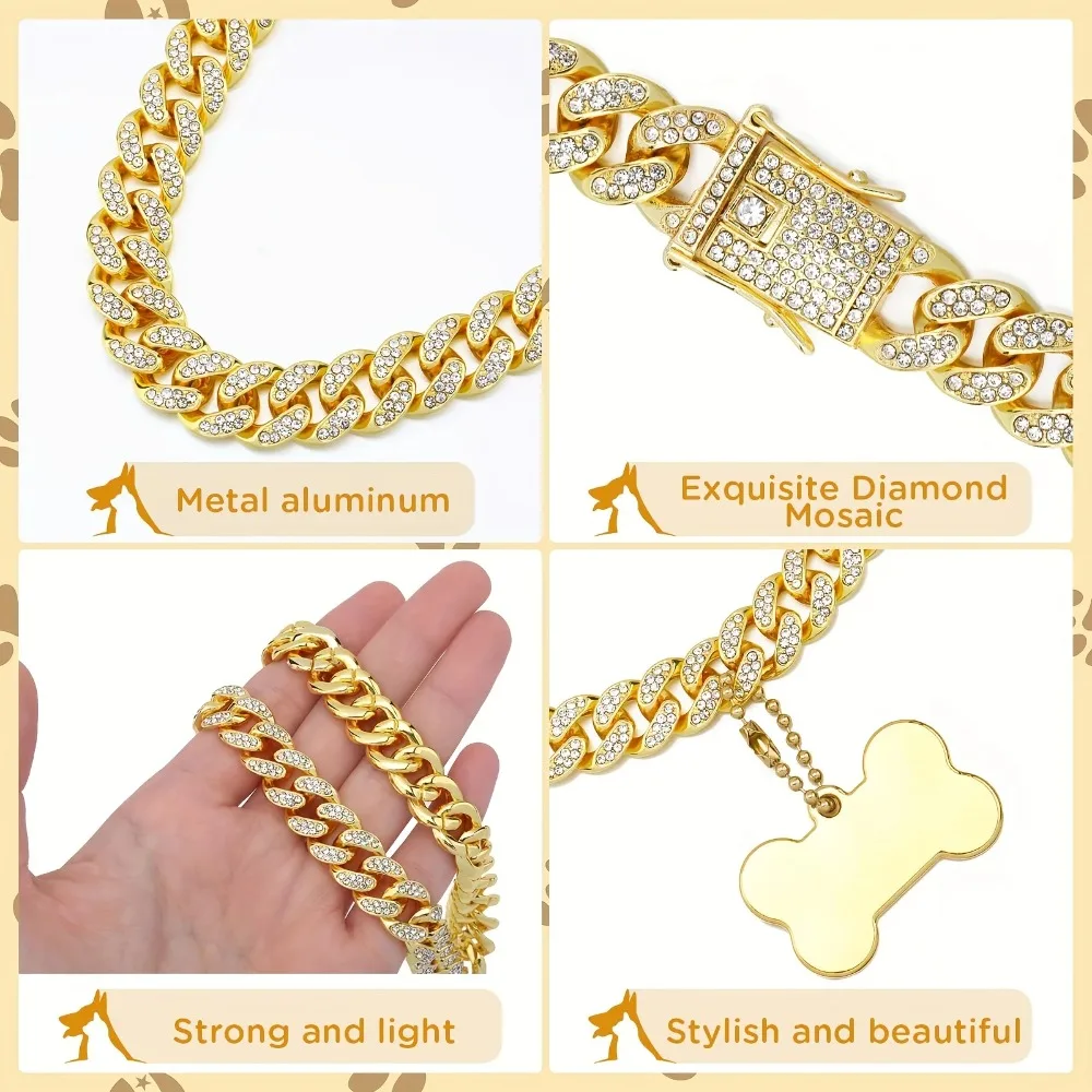 16-inch Custom Dog Chain Collar Cuban Link Dog Collar Walking Metal Flashing Dog Collar with Design Safety Buckle Puppy Pet Cha