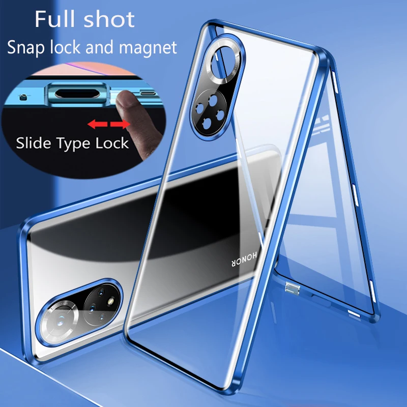 Double Sided Glass Snap Lock Case, 360 Full Protection Shell, Lens Protection, Back Cover, Fit for Honor 50 70 Pro Plus 90 Lite,