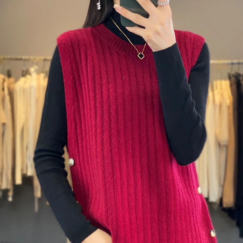 Sleeveless Wool knit Vest Women's Round Neck AutumnWinter New Solid Color Fashionable Warm And Loose 100%MerinoPure Wool Sweater