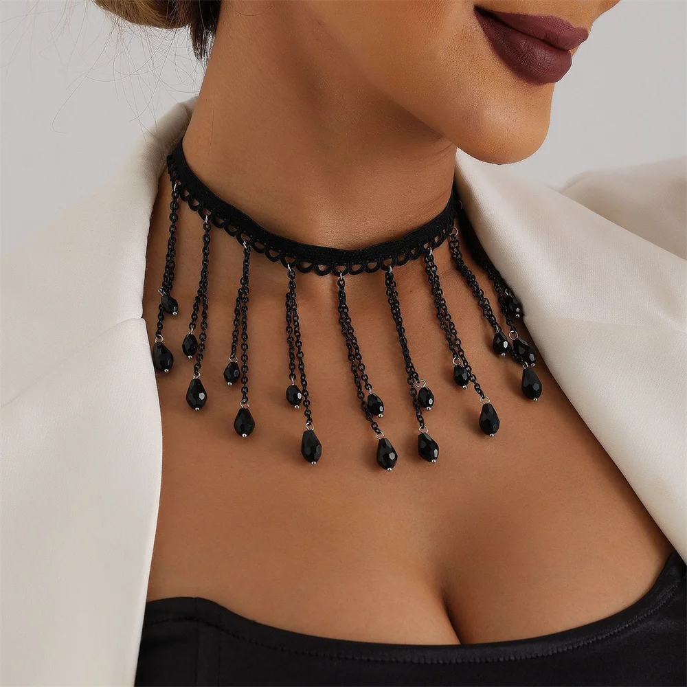 Black Crystal Gothic Feng Shui Drip Tassel Necklace Lolita Lace Neckchain Necklace Ornament
