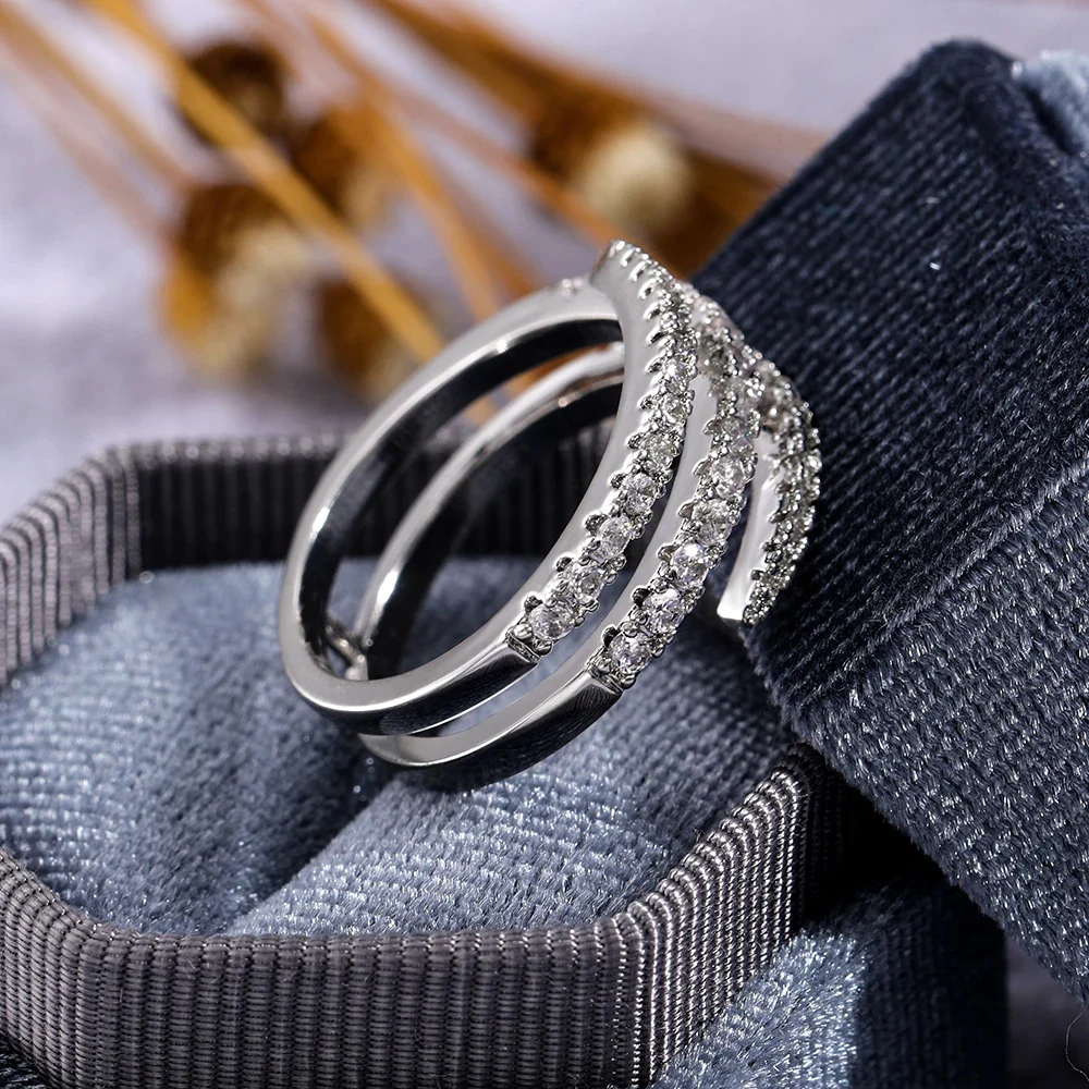 Huitan Geometric Women Ring Shiny Cubic Zircon Bridal Engagement Wedding Party Accessories Fancy Gift Simple Stylish Female Ring