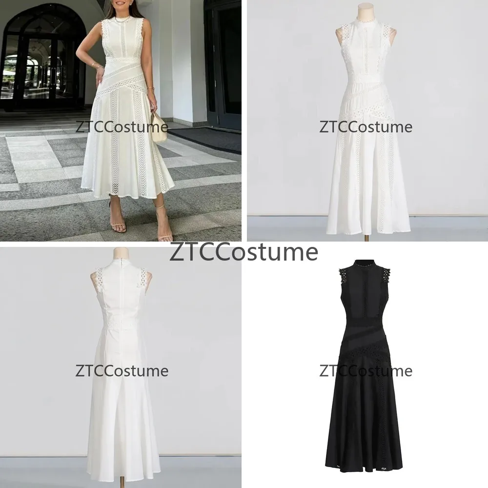 

Элегантное белое макси-платье без рукавов с высоким воротником и кружевными вставками для женщин, с вырезами, для косплея, вечеринок и торжественных мероприятий