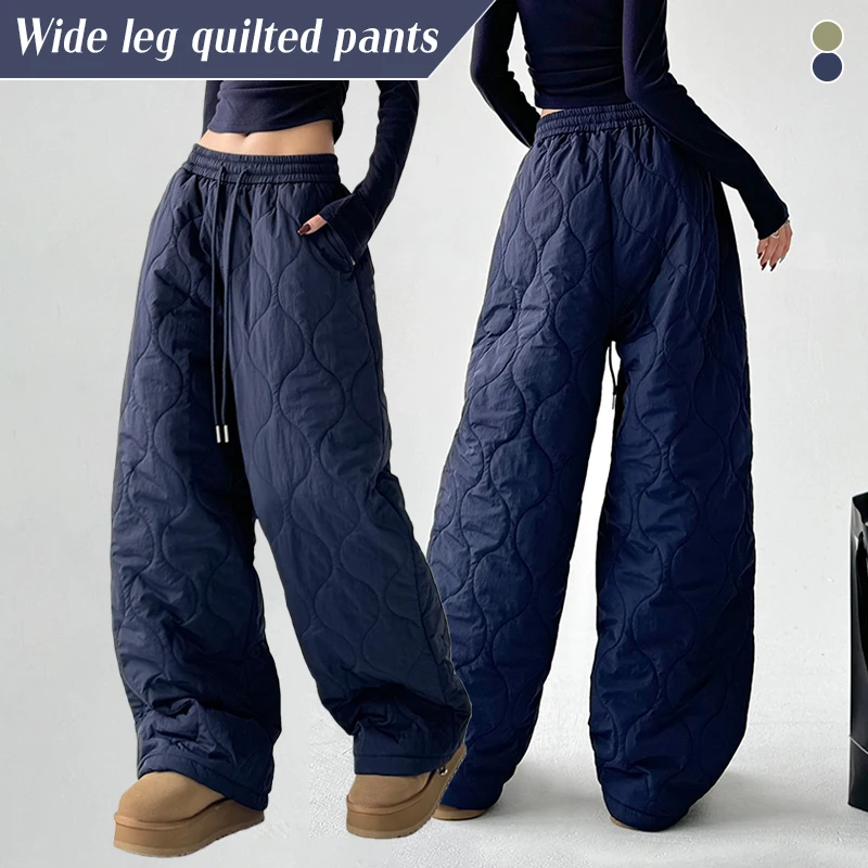 Women Winter Warm Stitched Cotton Pants Casual Loose Quilted Padded Trousers Elastic High Waist Drawstring Pants