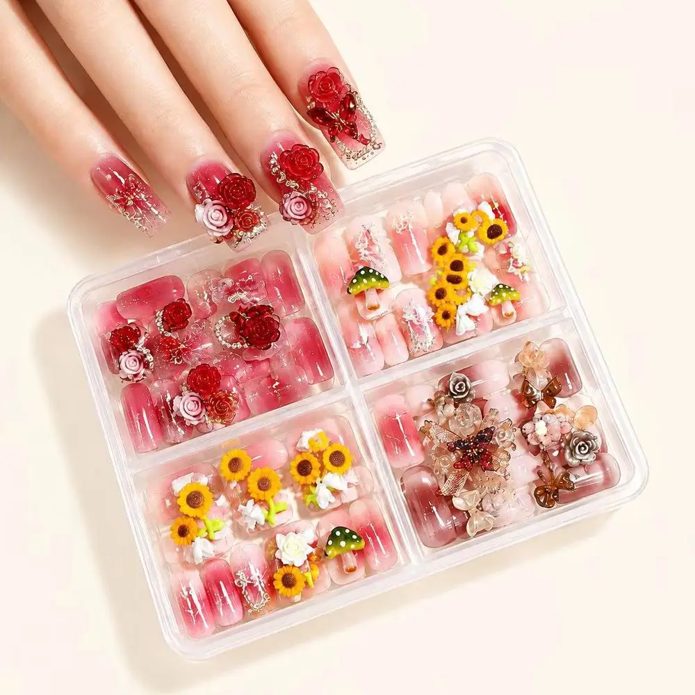 96Pcs Assorted Press On Nails 4Grids Packaging 3D Floral Charms Fake Nails Reusable Pre‑Made Nails For Home DIY Manicure Project