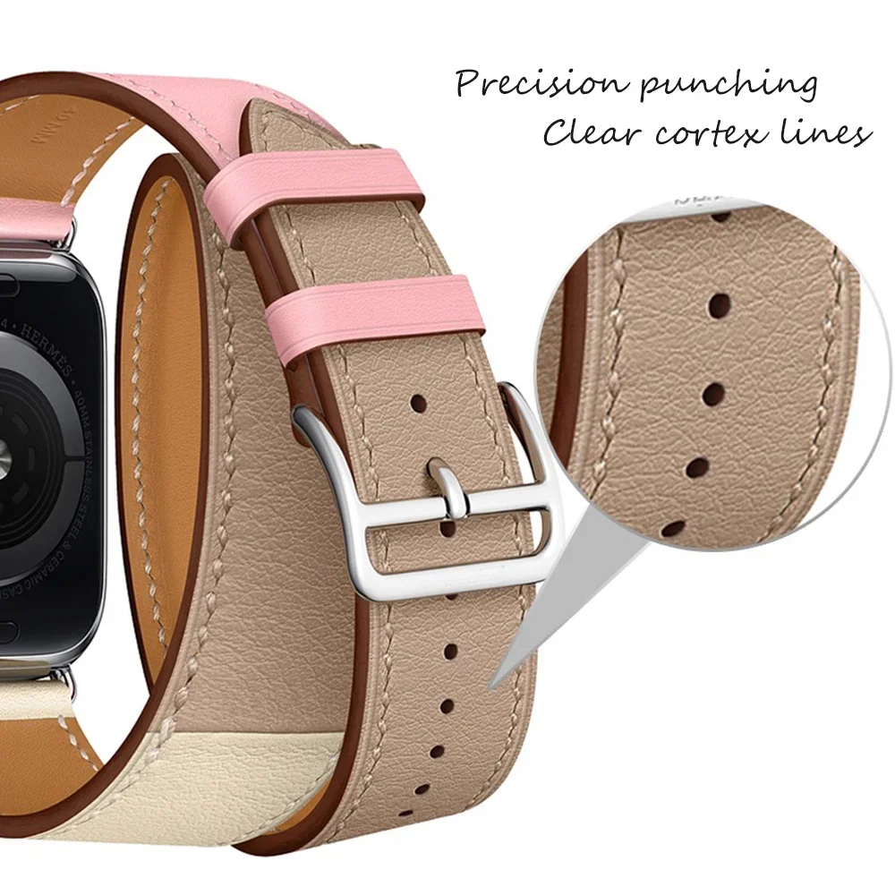 Double Tour Leather Loop for Apple Watch Band 8 7 6 5 4 SE 40mm 44mm 41mm 45mm Extra-long Strap for IWatch Belt Ultra 3 2 Correa