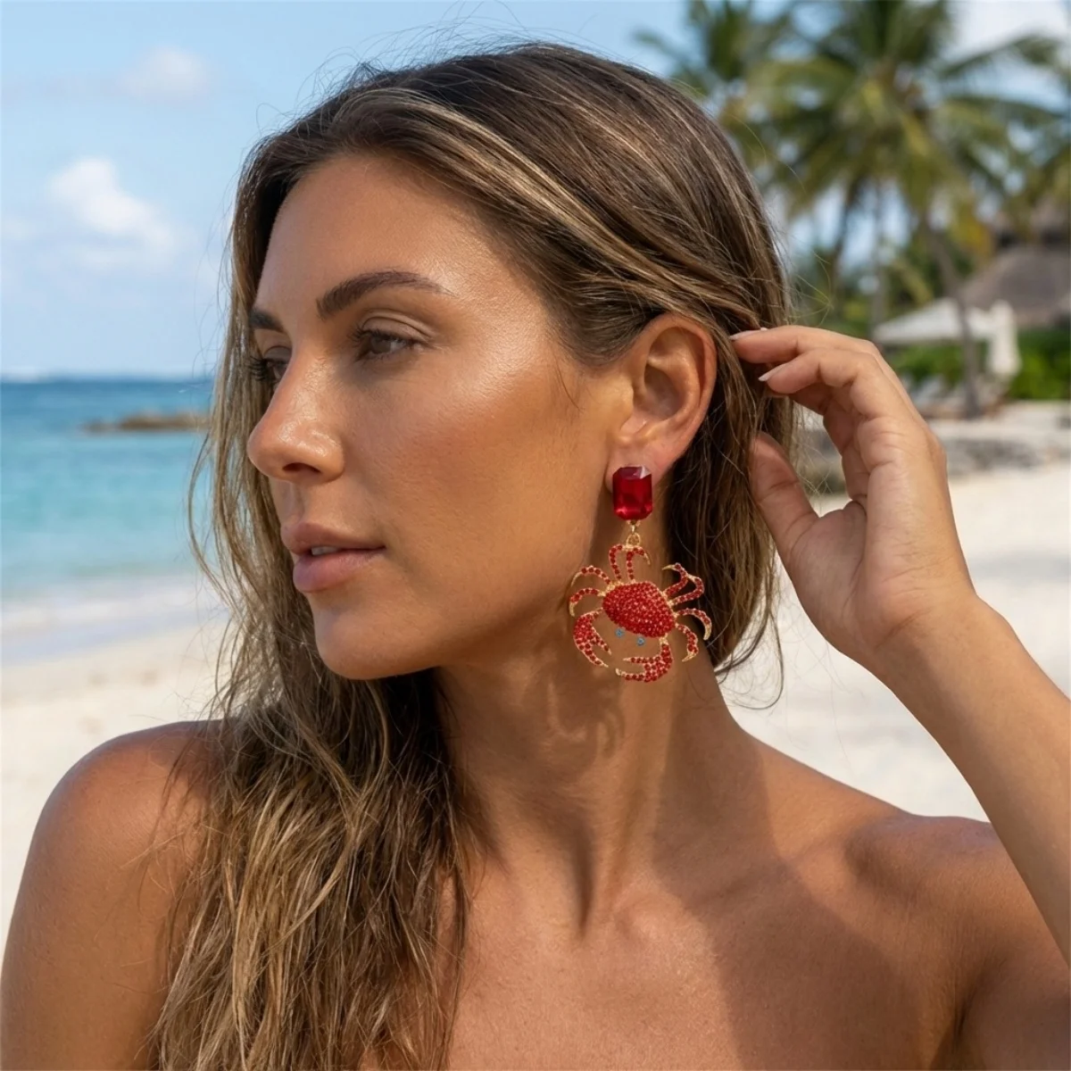 

Sparkling Full Rhinestone Square Crab Dangle Earrings For Women Men Summer Ocean Sea Animal Earring Beach Party Vacation Jewelry