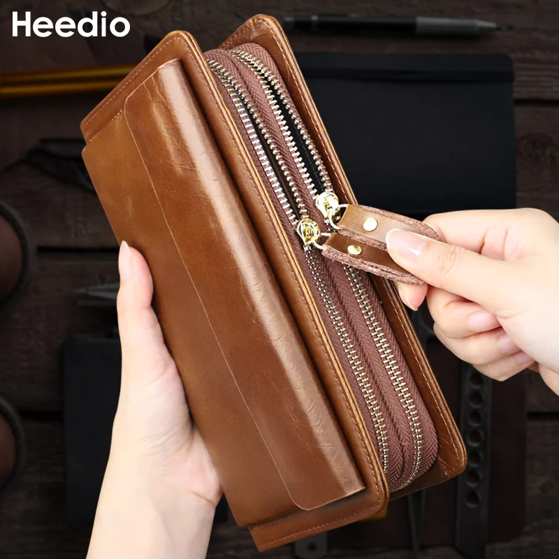 Double Zipper Clutch Wallet Genuine Leather Men\'s Long Wallet Storage Phone Holder Card Slot Passport Purse Clutch Bag Handbag