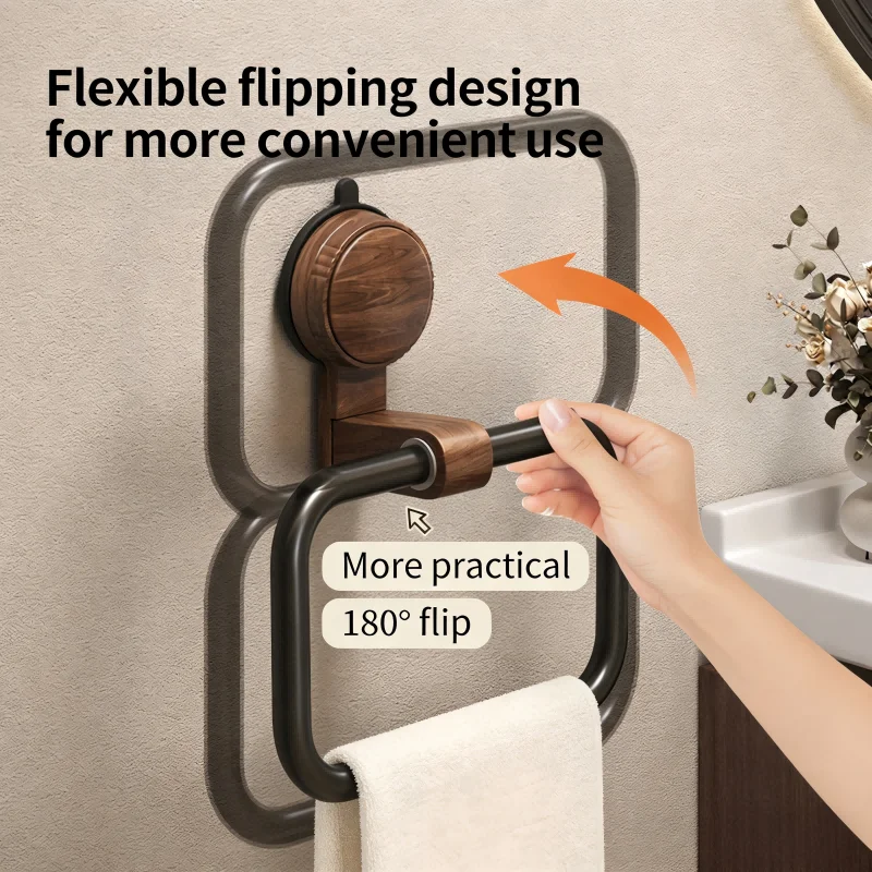 Walnut Suction Cup Towel Ring, No-Drill Wall Mount Round Towel Holder for Bathroom, Rustproof Wood Towel Bar view 4