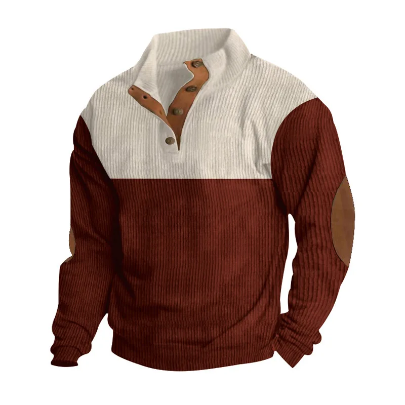 Men's Corduroy Patchwork Sweatirt Outdoor Casual Loose irt Stand Collar Button up Spring Autumn Youth Faion Long Sve