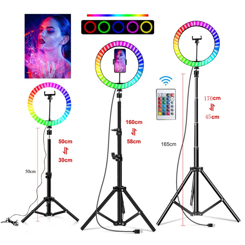 10 Inch Remote Rgb RGB Color Soft Ring Light With Tripod Video Photography Lighting Selfie RingLight Circle Lamp Phone Holder