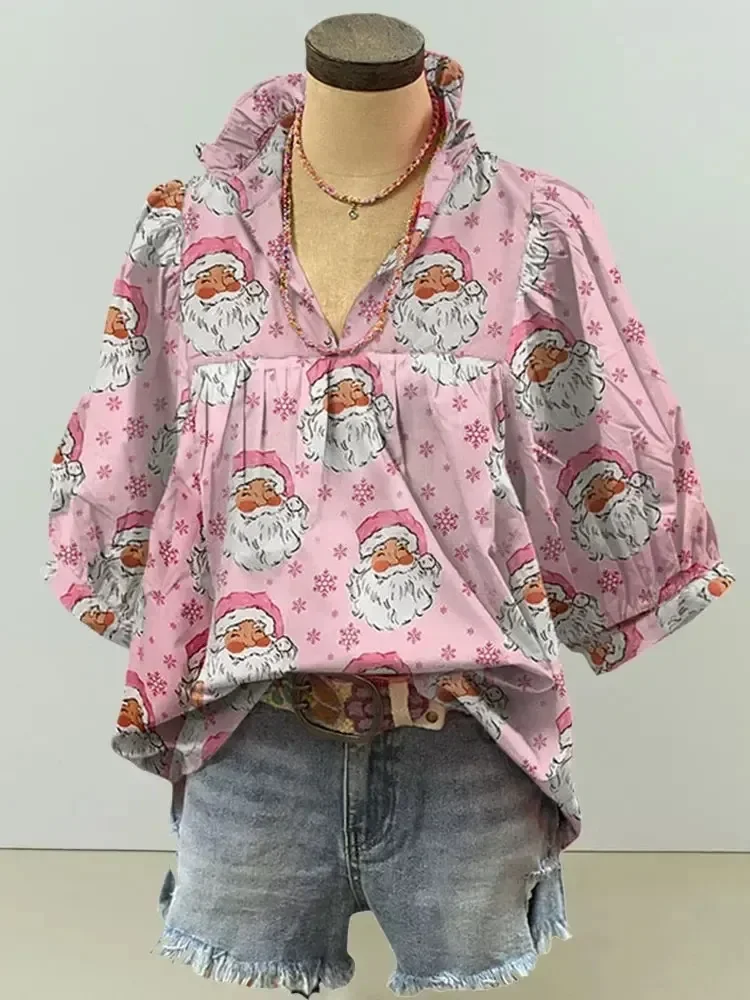 Santa Claus Print Pleated V-neck Puff Sleeve Top Christmas Blouse
