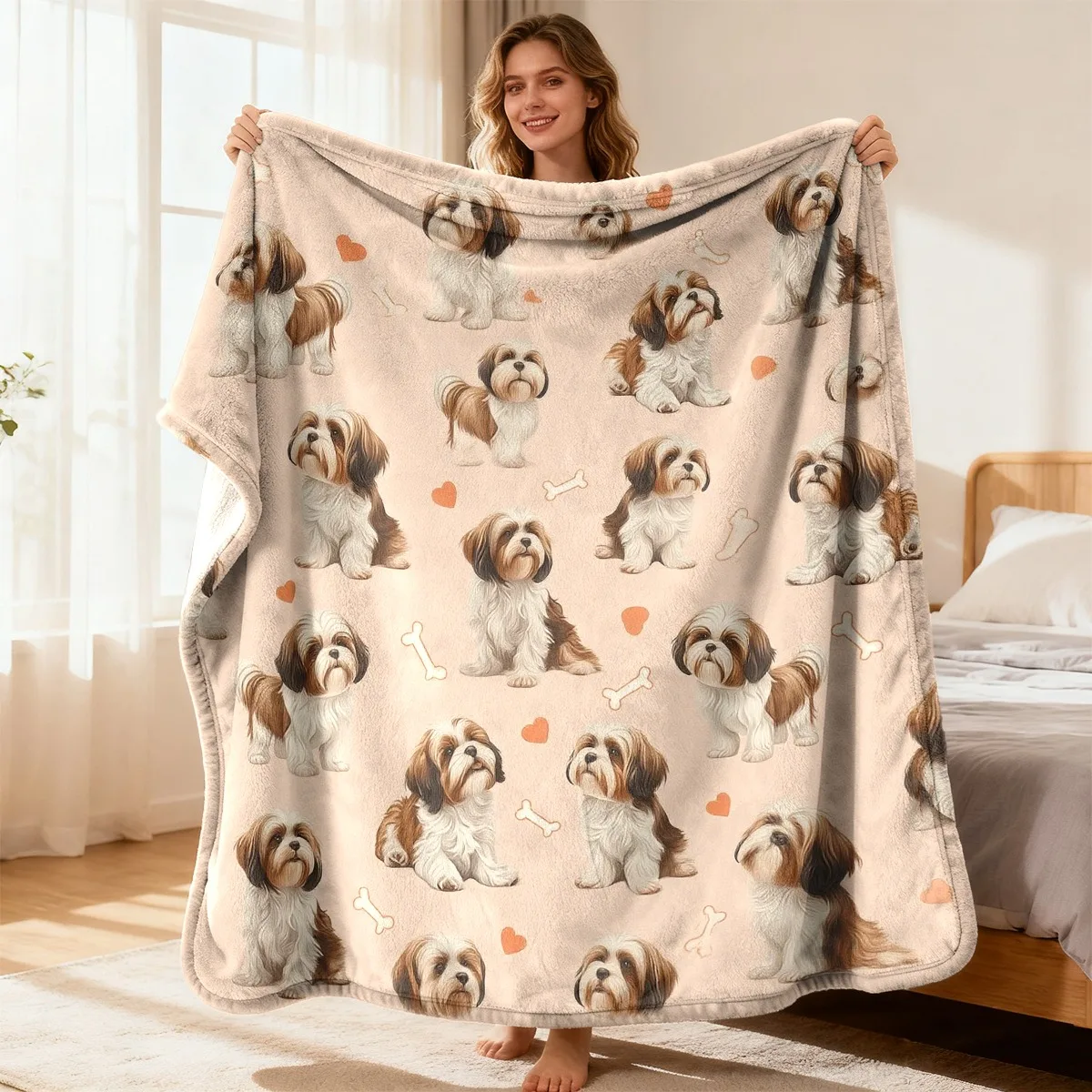 Shih Tzu Dog Heart-Shaped Skeleton Flannel Blanket, Stylish Printed Design, Plush and Ultra-warm Texture, an Excellent Choice fo