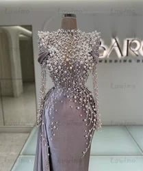 Customized Full Pearls Beading Mermaid Evening Dresses Elegant Long Sleeves With Side Train Party Gowns Arabic Dubai Prom Dress