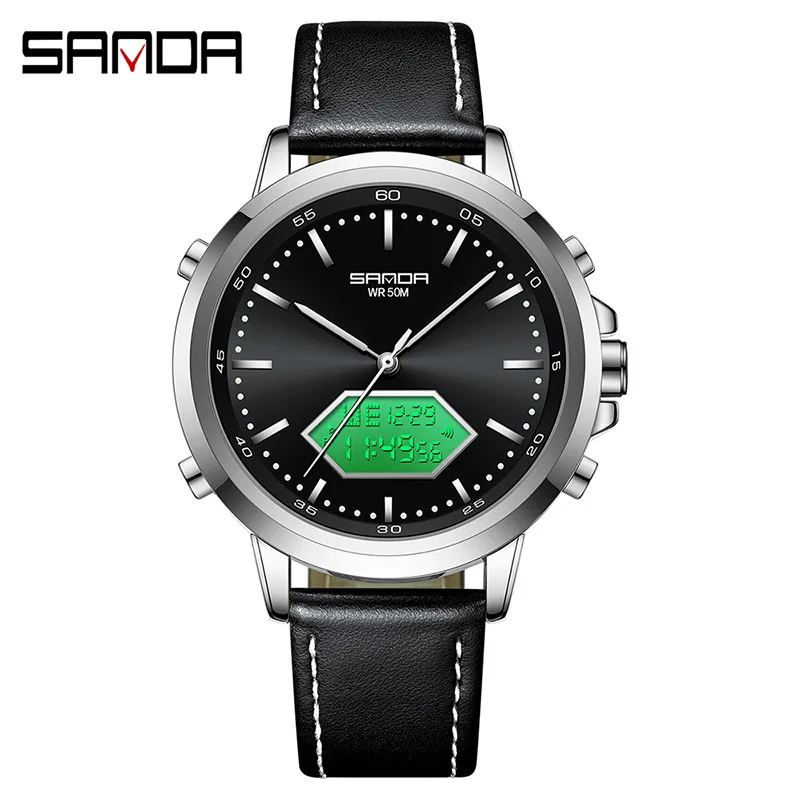 SANDA Relógio eletrônico de quartzo masculino com display duplo, calendário multifuncional, cronometragem, luz noturna, à prova d'água, relógio esportivo de negócios