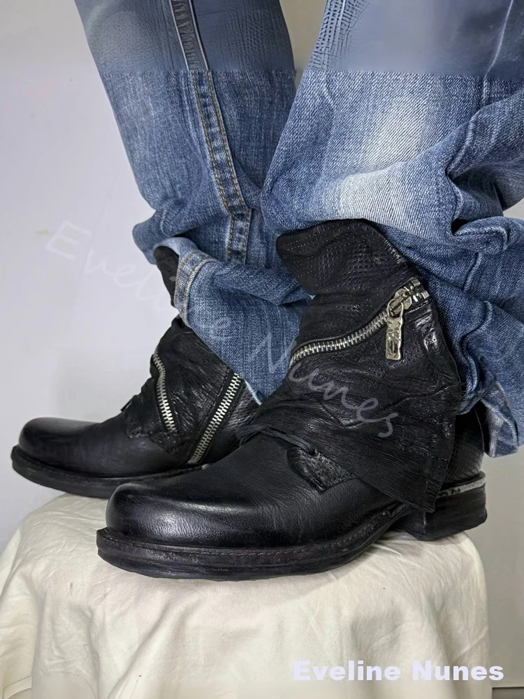 Distressed Black Leather Biker Boots Men Big Side Zipper Lace Up Flip-top Western Cowboy Boots Dark Vintage Motorcycle Boots