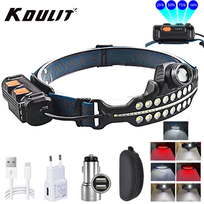 KDULIT XPG+COB Sensing Headlamp MODEL C Rechargeable Headlight Outdoor Multi-function Zoom Torch LED Source Fishing Work Lamp