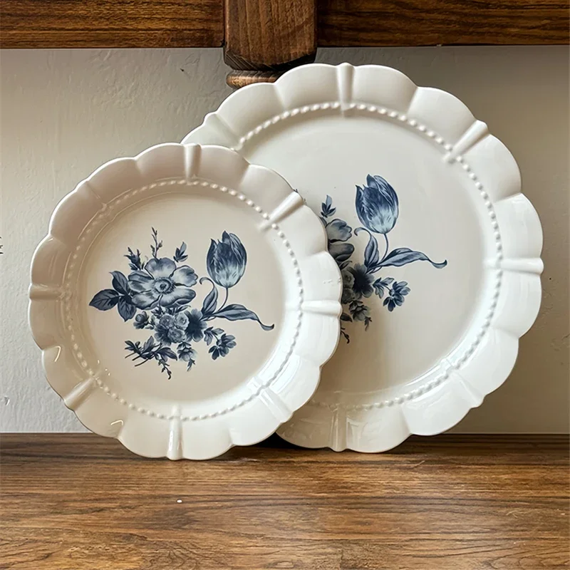 Flat Plate Ceramic Middle French Style Elegant Blue Flower Dessert Plate Tableware Set Vintage Bouquet Ceramic Dinner Plate