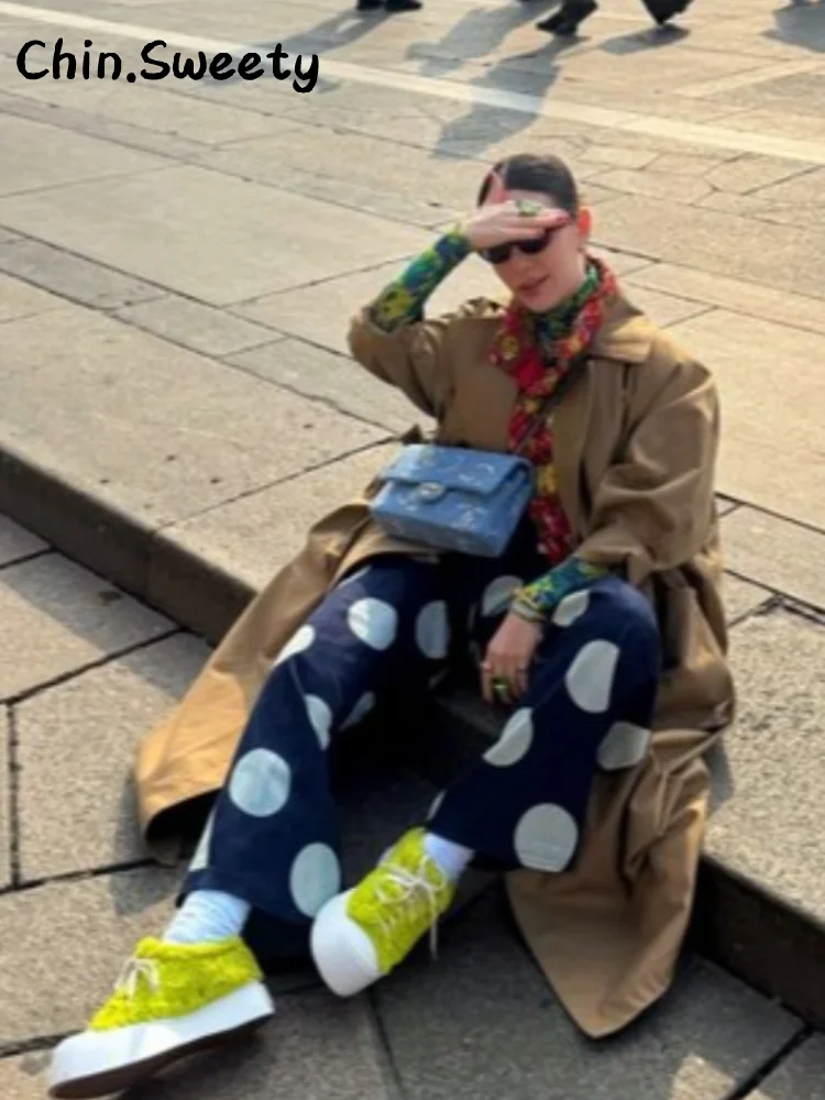 

Шикарный синий комплект джинсовых брюк в горошек с лацканами, женская куртка на молнии с длинными рукавами, широкие брюки, осень 2024, новые женские наряды