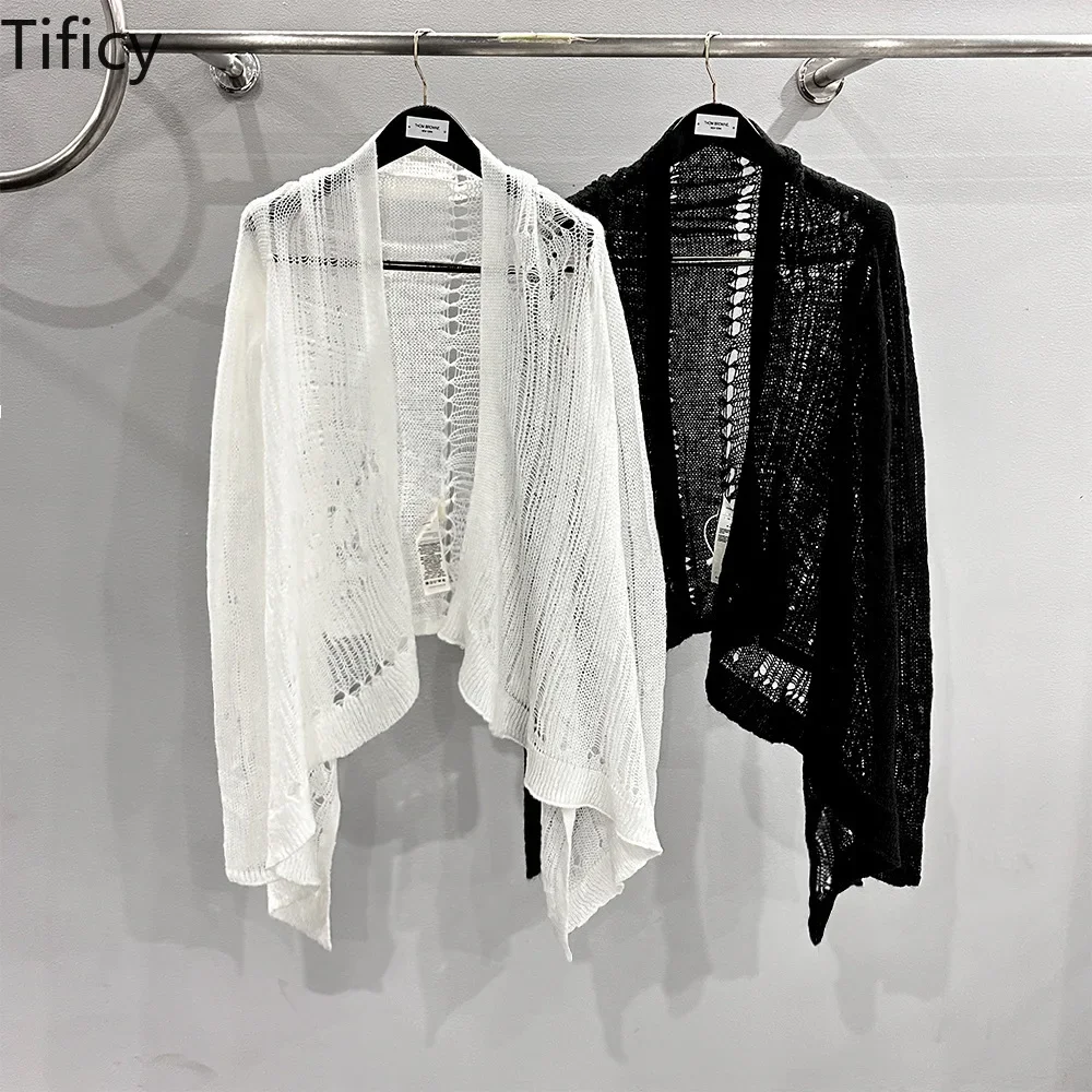 TIFICY High Street Women's Early Autumn Niche Design with Hollowed Out Spider Web and Broken Knit Long Sleeved Cardigan