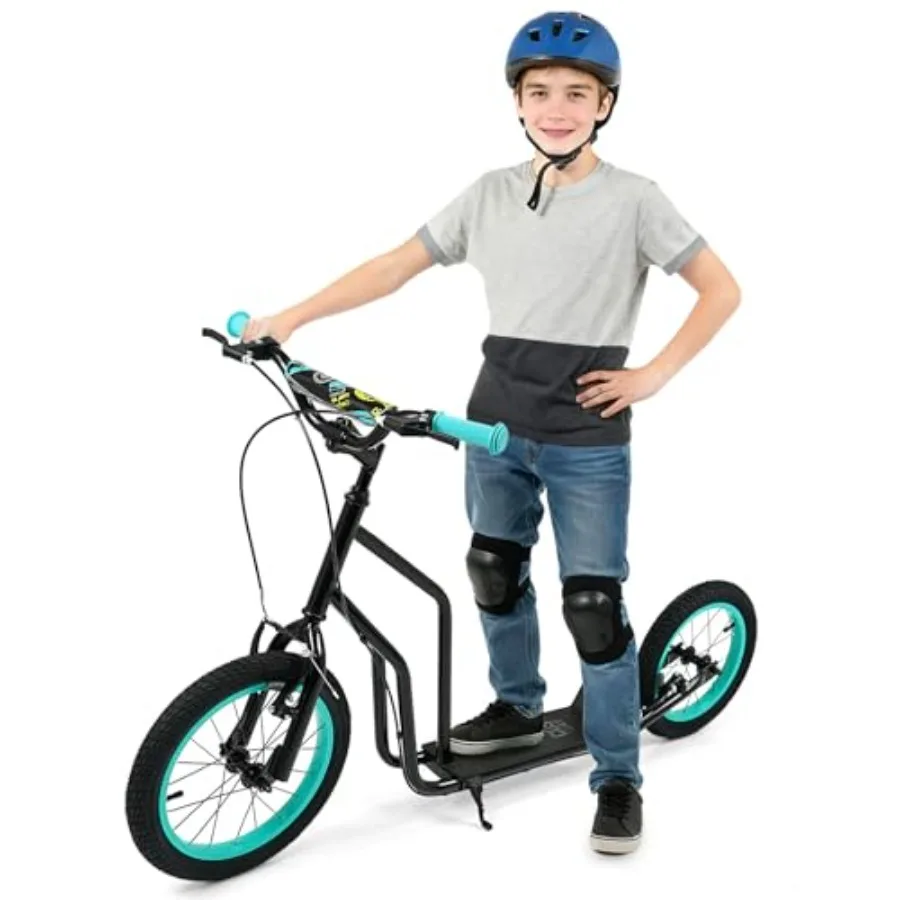 

Регулируемый по высоте подростковый самокат с большими надувными колесами (16 дюймов спереди, 14 дюймов сзади), двойными ручными тормозами и подставкой, усиленный, для тяжелых нагрузок