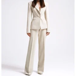 Office Lady Fashion Beige Women Suits One Button Peak Lapel 2 Piece Jacket Pants Slim Fit Smart Causal Conjuntos De Pantalones