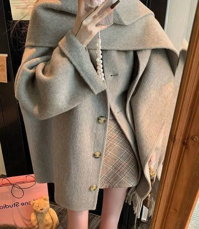 

Wool Blend Coats Womens Woolen Coat Red Autumn Tweed Herringbone Double-Breasted Elegant Mature British Style Office Lady Casual