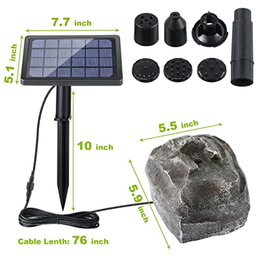 Solar Fountain Bird Bath with Solar Panel Rockery Granite Water with 5 Nozzles Solar Water Fountain for Birdbath Outdoor Pond P