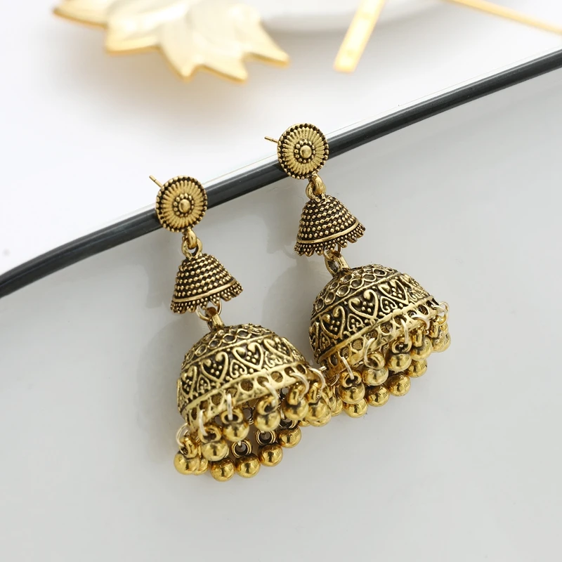 Indian Oxidized Jewelry Women\'s Gold Silver Color Big Bell Jhumka Earrings Ethnic Gypsy Tassel Alloy Drop Earing Tibetan Jewelry