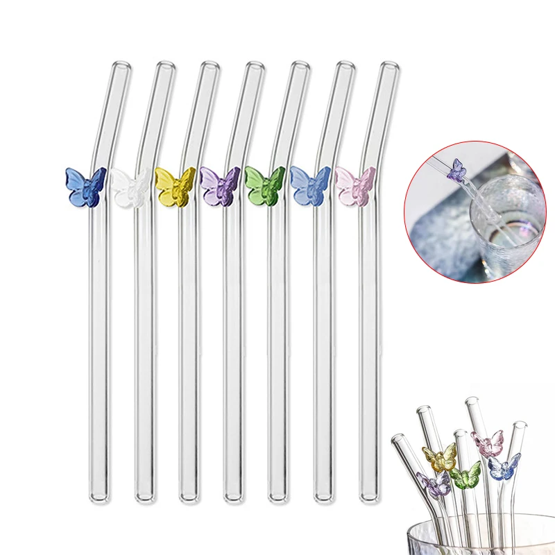 

1pcs Reusable Glass Straws With Butterfly Eco Friendly Drinking Straws With Clean Brush For Smoothies Cocktails Bar Accessory