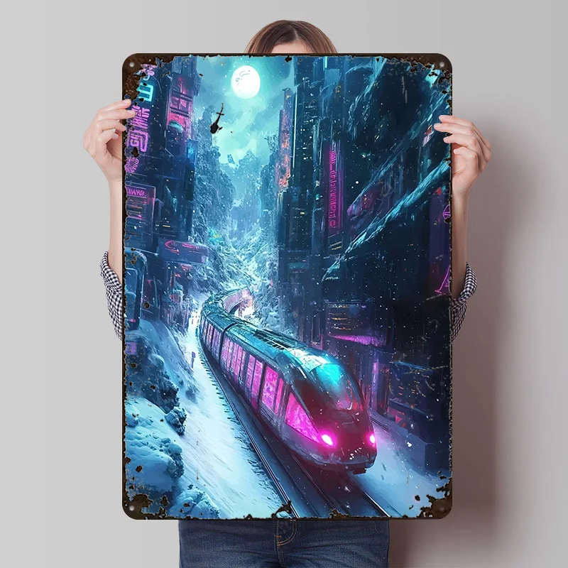 Cyberpunk Train in Snowy Cityscape Metal Poster Custom Wall Art Retro Vintage Tinplate Signs for Bedroom Decoration Room Decor