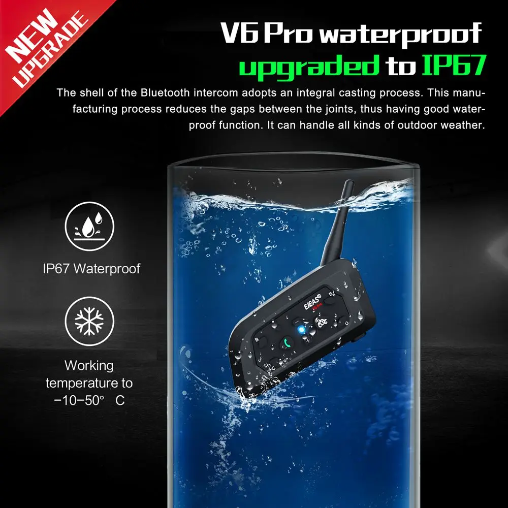 EJEAS V6 PRO+ Motorradhelm-Gegensprechanlage, Bluetooth-Headset, 6 Fahrer, Kommunikator, wasserdicht, V5.1-Musikplayer, 800 m Gegensprechanlage – Detail 9