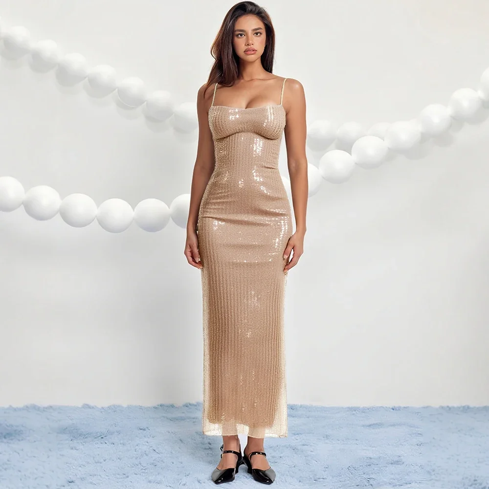 Sukienki Letnie Dopasowane Wyszczuplające Koreańskie Gładkie Z Cekinami Bez Rękawów Kwadratowy Dekolt Cami Midi Sukienki Wakacyjne Dla Kobiet