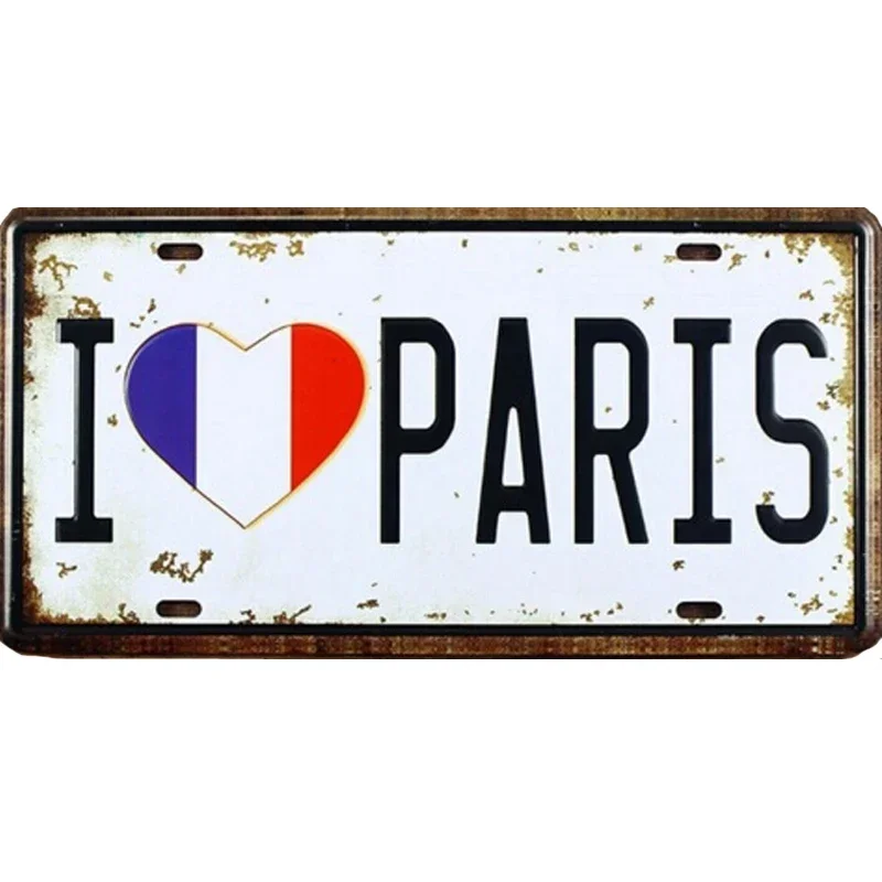 Vintage Car License Plate Tin Sign Decor Metal Bar Beer Poster I Love Paris 15x30CM