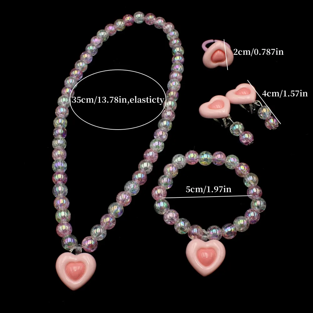 Kids Heart Jewelry Set Pink Resein Beaded Necklace Earrings Bracelet Ring for Girls Princess Dress Up Jewelry Gifts