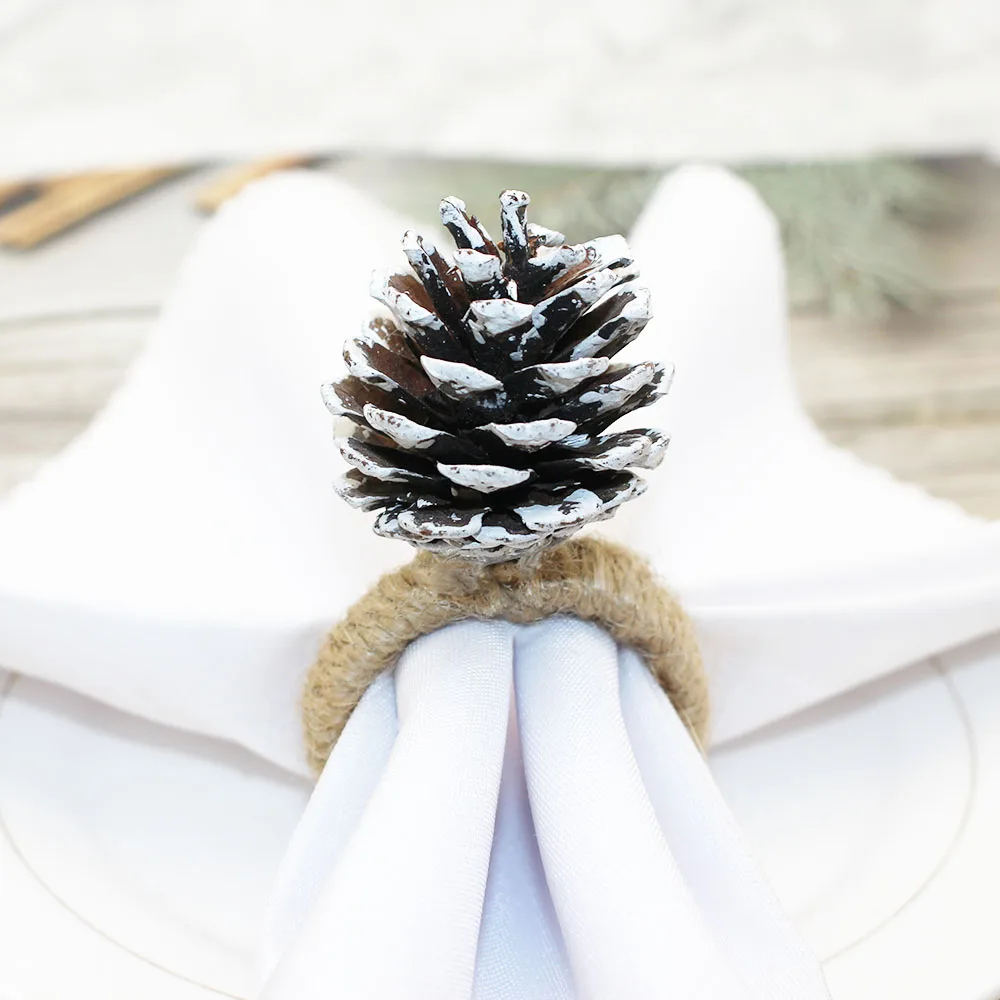 6Pcs Christmas Pine Cones Napkin Rings Natural Pinecones Napkin Buckles for Christmas Dinner Table Decor Christmas Tree Ornament