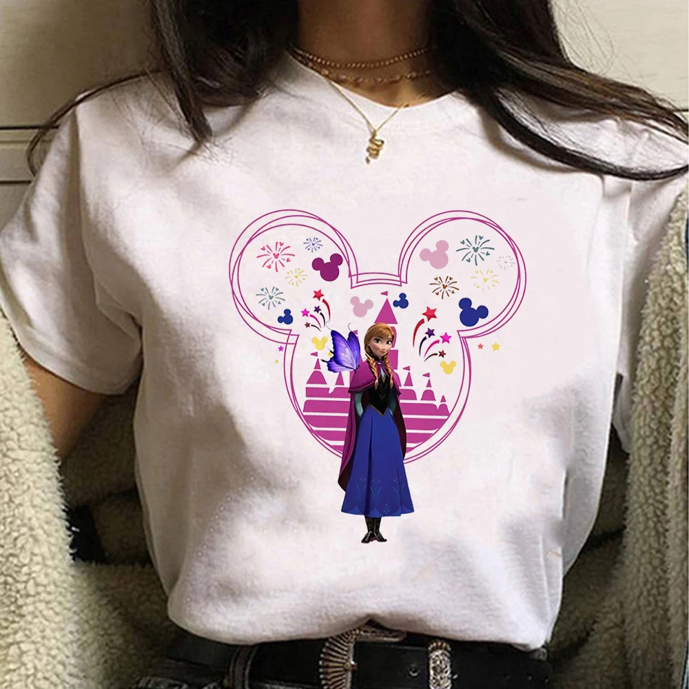 女性のためのディズニーの絵が描かれた半袖Tシャツ,ミッキーマウスのプリントが施されたかわいいカジュアルなサマートップ