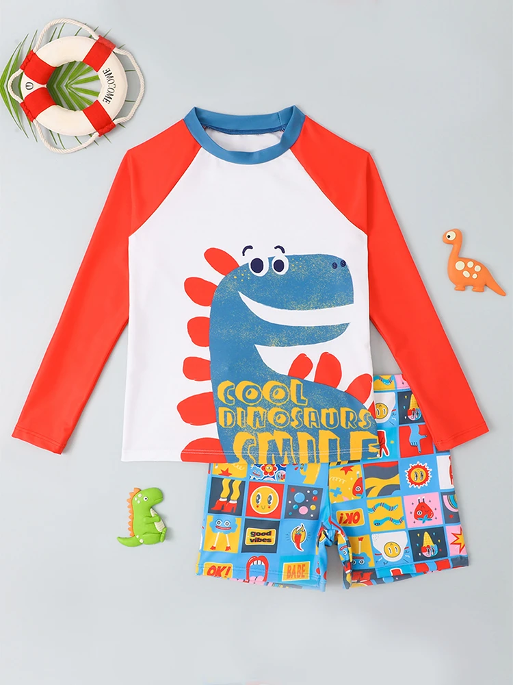 Boy Kids Swimsuit 2024 New Red Dinosaur Long Sleeves Children Swimwear Summer 2 Piece Beach Sun Protection Bathing Suit Swimming