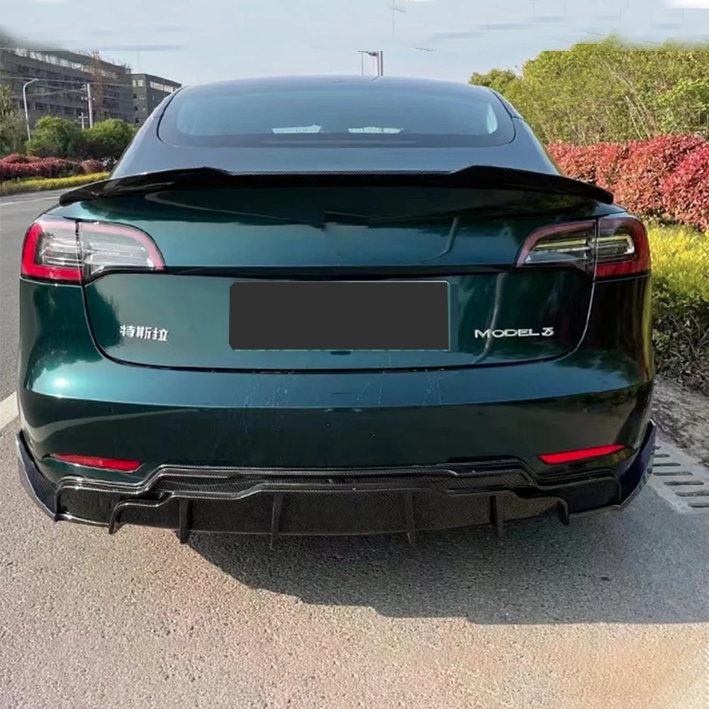 For Tesla Model 3 2019 2020 2021 2022 2023 Rear Bumper Diffuser Lip Body Kit PP Plastic Black Carbon Fiber Pattern Accessories