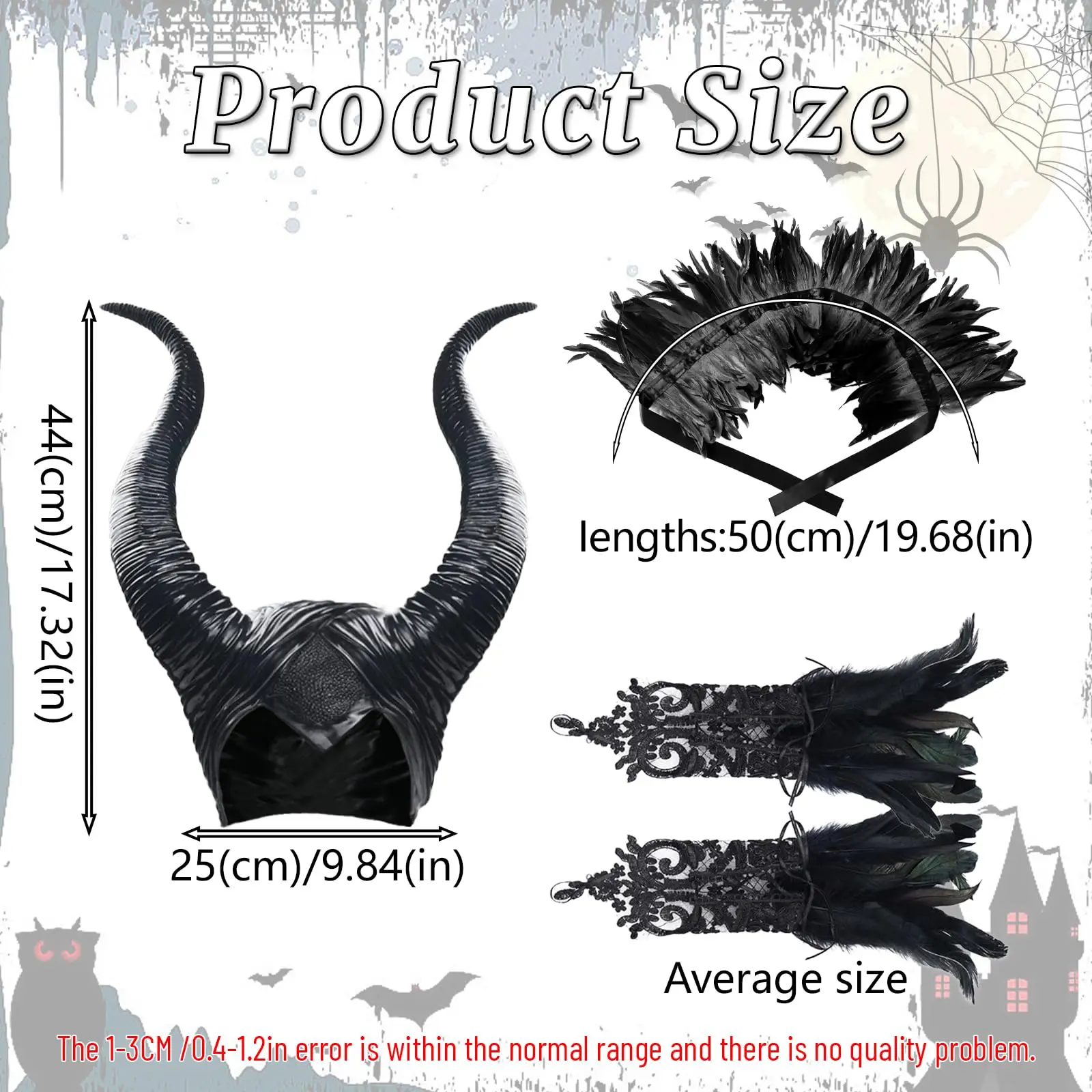 Costume de corbeau d'halloween pour femmes, 3 pièces, avec cornes, manches cape en plumes noires, accessoires de tenues pour adultes, accessoires de Cosplay