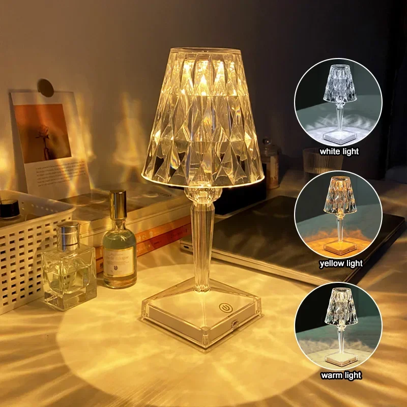 LED Diamond Crystal Table Lamp Projection Night Lights USB Touch Remote Control Acrylic Night Lamp Rechargeable Bedside Lamp