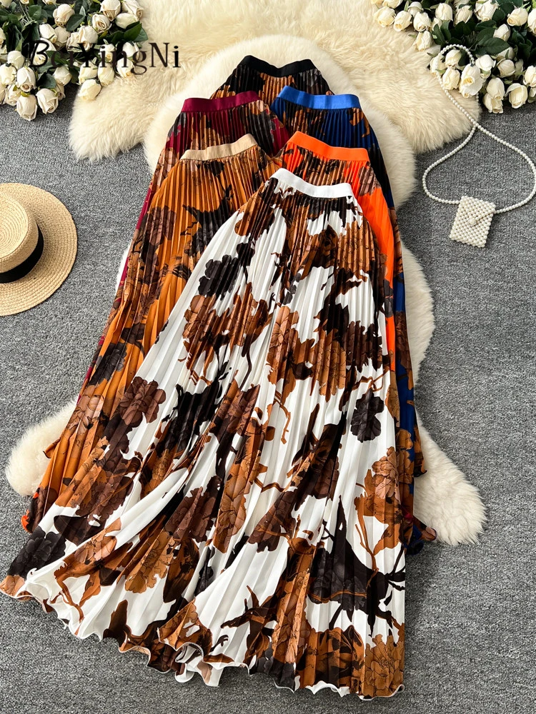 Beiyingni 2026 Spring French Elegant Women's Maxi Skirts Casual Korean Fashion Summer Boho Long Pleated Skirt Woman Print Faldas