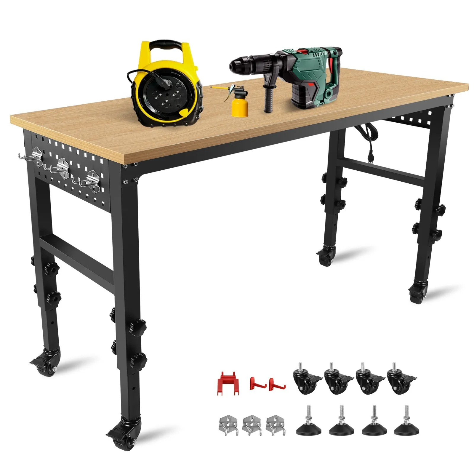 Bancada de Trabalho Ajustável de 60 Polegadas com Topo de Madeira de Borracha