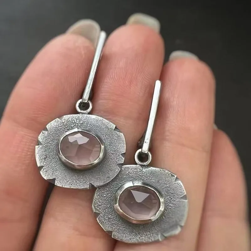 

Vintage Flower Round Inlaid White Stone Earrings Geometric Creativity Silver Color Dangle Earrings for Women Jewelry